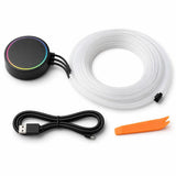 VoltDesk RGB ambient light kit contents: control box, fiber strip, USB cable and tool