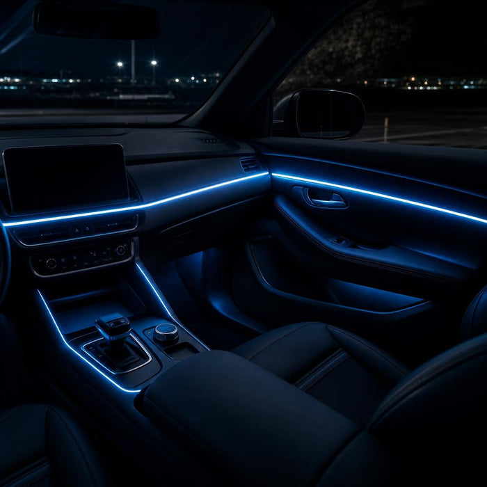 Car interior glowing with blue RGB ambient fiber optic lighting at night